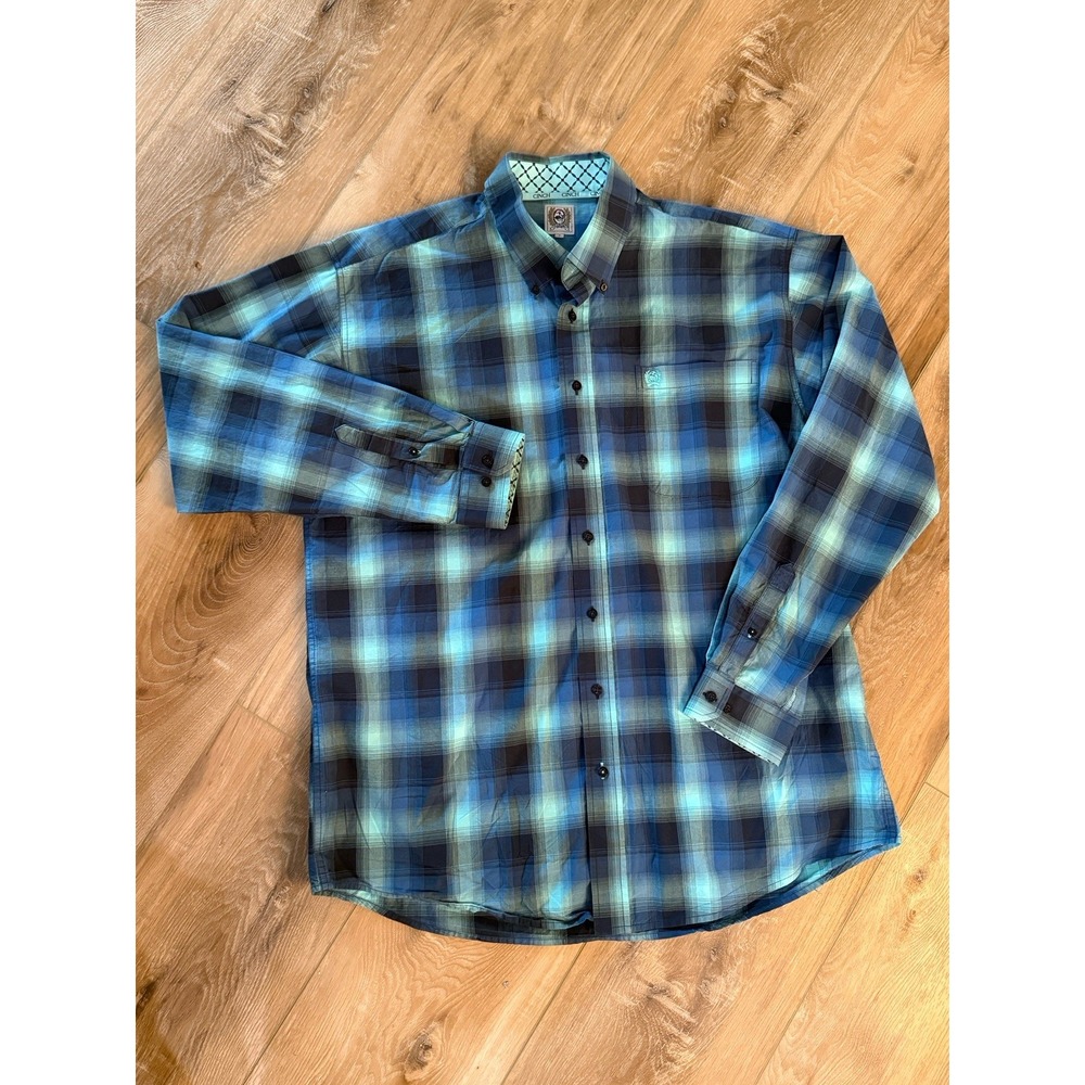 Cinch Shirt Large Blue Black Plaid Thick Cotton Button Up Cowboy Western Mens